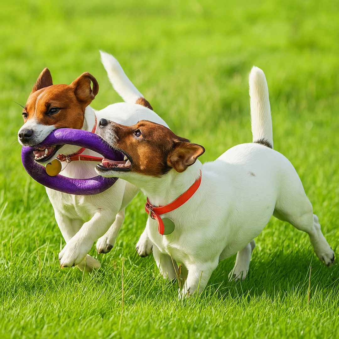 A imagem mostra dois cães brincando alegremente em um gramado verde, compartilhando um brinquedo roxo. Os animais aparentam estar cheios de energia e saúde, transmitindo vitalidade e bem-estar. A cena reforça a importância de atividades físicas, lazer e acompanhamento veterinário para garantir uma vida saudável e equilibrada aos pets.