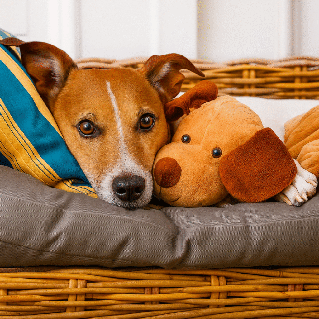 Cachorro deitado em uma cama confortável, abraçado a um brinquedo de pelúcia em formato de cachorro, transmitindo tranquilidade e aconchego.