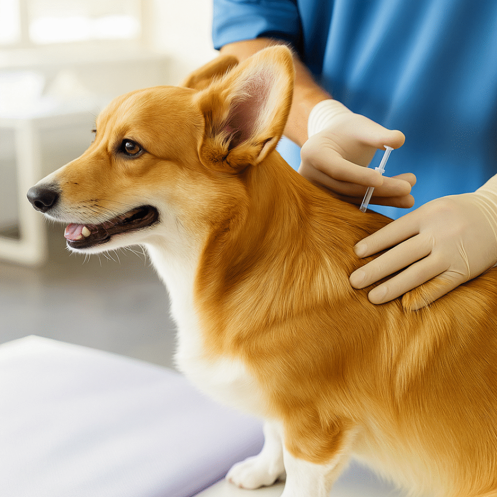 Cão da raça corgi recebendo uma injeção no consultório veterinário, aplicado por um profissional com luvas.