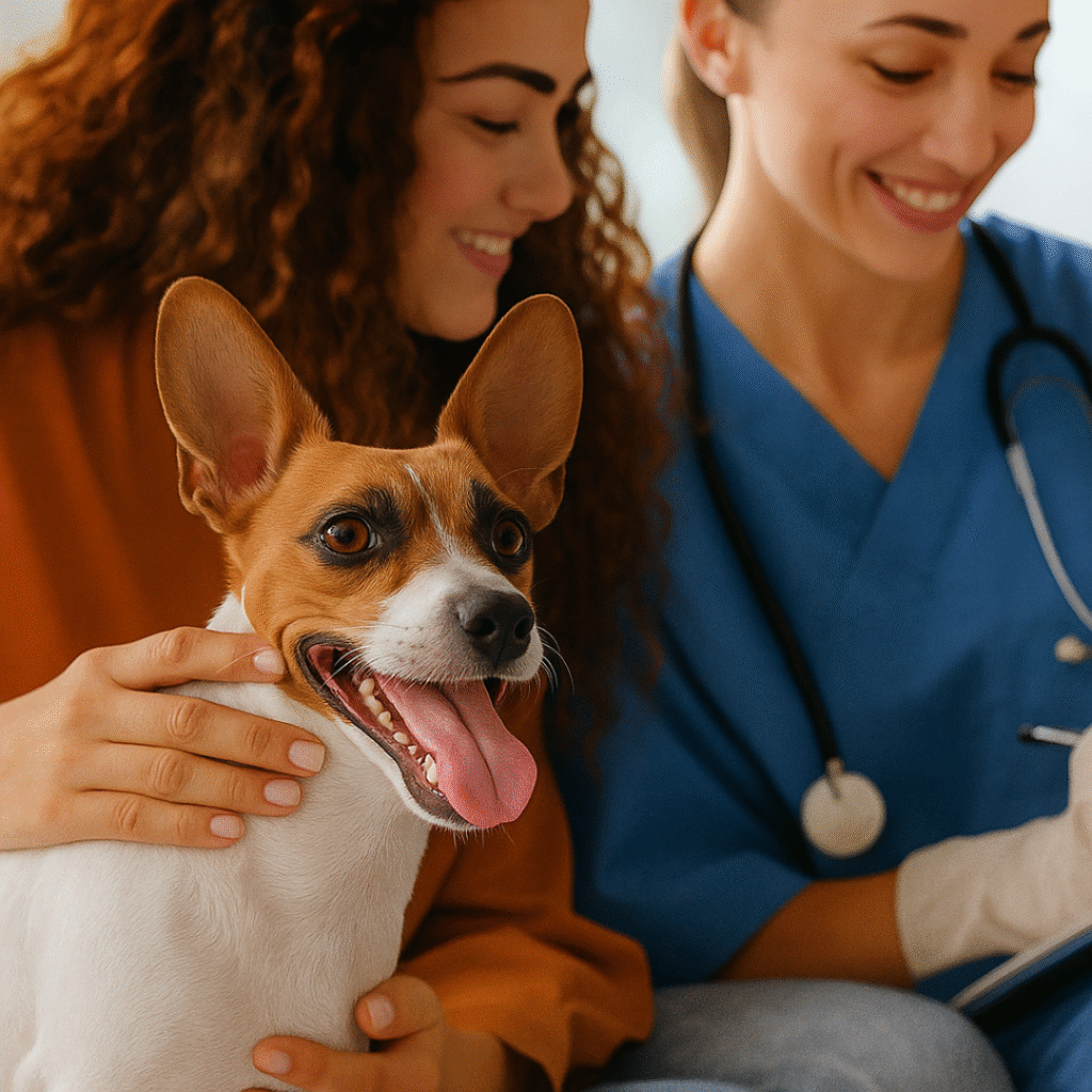 Imagem mostrando uma veterinária sorridente realizando uma consulta com um cachorro e sua tutora, representando o cuidado, a atenção e o carinho no atendimento em uma clínica veterinária.