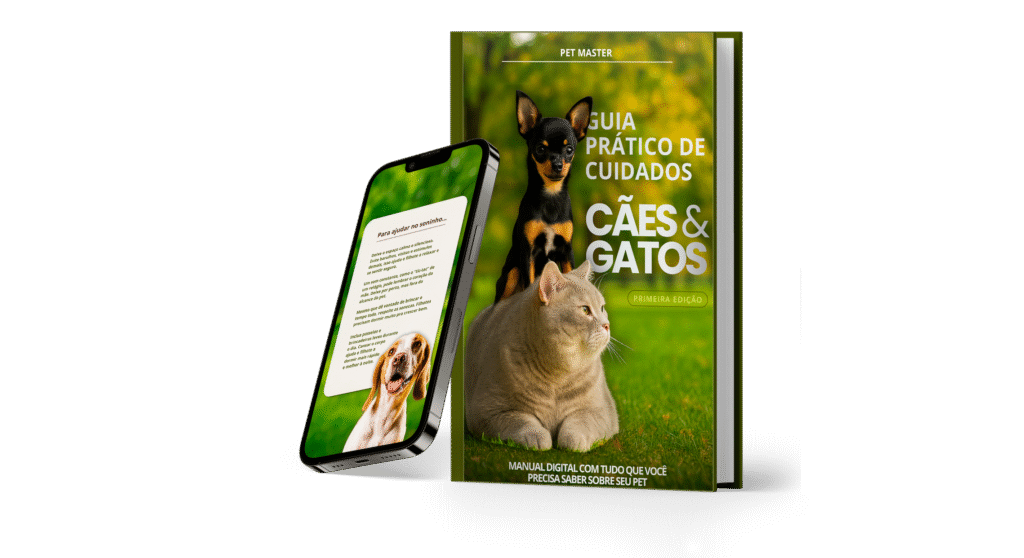 Imagem de um e-book sobre cuidados com cães e gatos, exibido ao lado de um smartphone, usado como material gratuito no site da clínica veterinária que atende pets a domicílio.